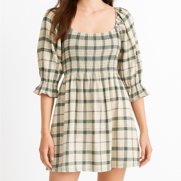 Madewell Dress XS Plaid Smocked Mini Puff Sleeve Cottagecore Academia Preppy BTS - Picture 1 of 15